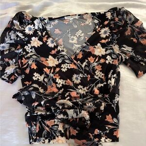 Topshop Floral Wrap Blouse - Black and Peach